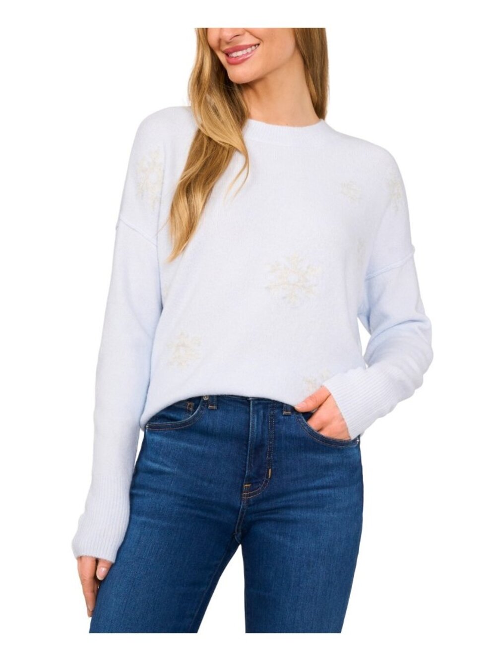 CeCe Women Acrylic Snowflake Intarsia Long-Sleeve Sweater Light Blue Size L $79